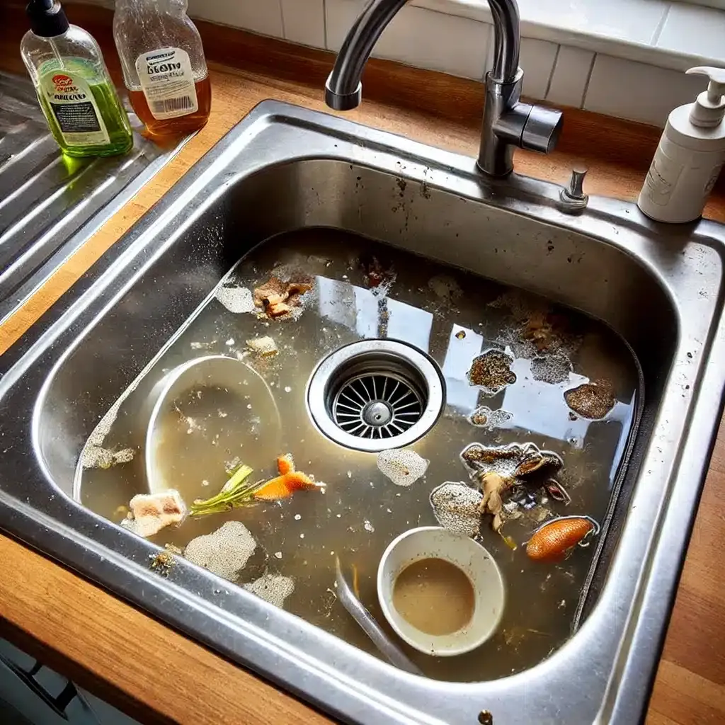 clogged kitchen sink with standing water