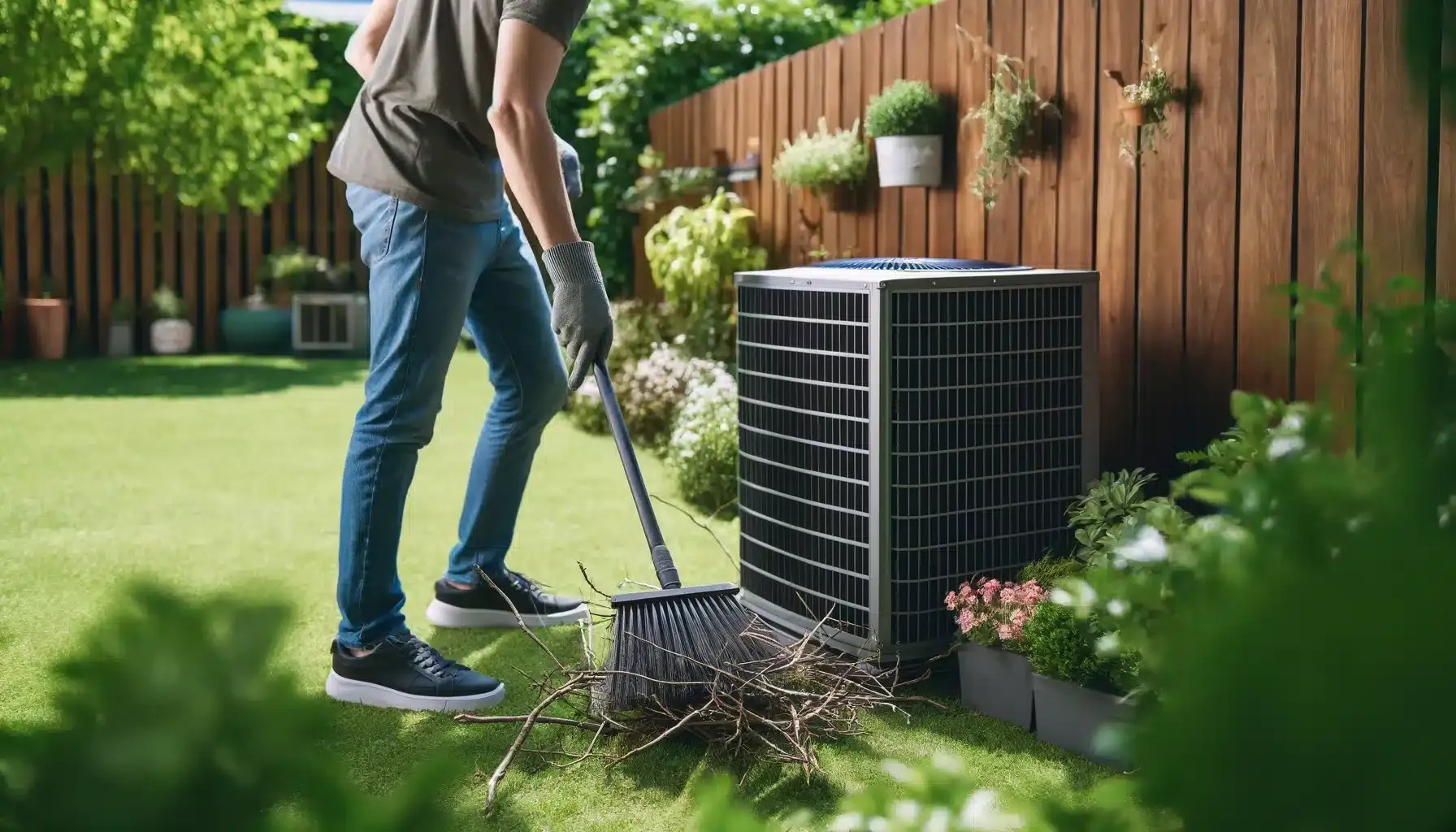 person cleaning around outdoor air conditioner in Mendota